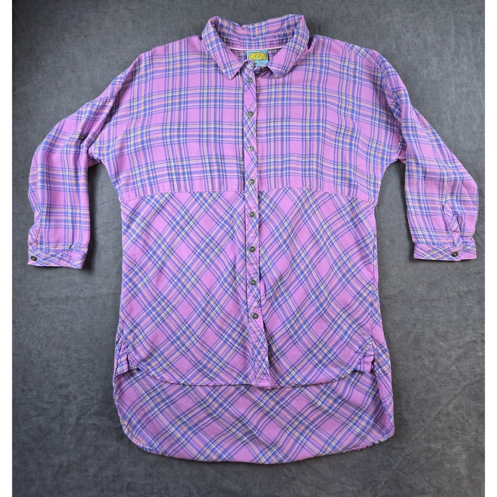 C&C California Women's Purple Blue Plaid Tunic Shirt Dress Long Sleeve Size S